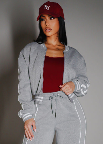 Long Sleeve Fleece Bomber Jacket Grey