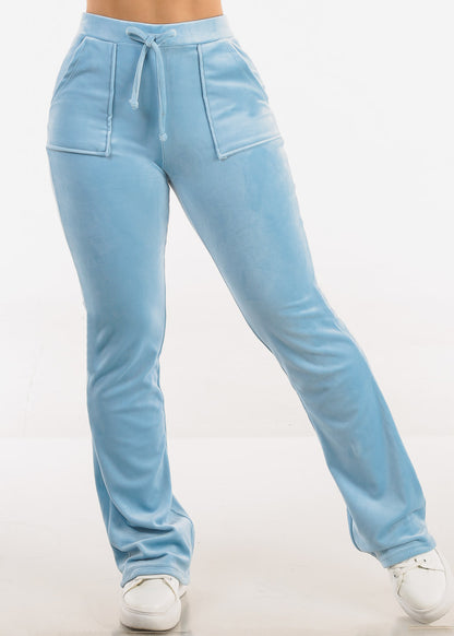Velour High Waist Flared Pants Light Blue