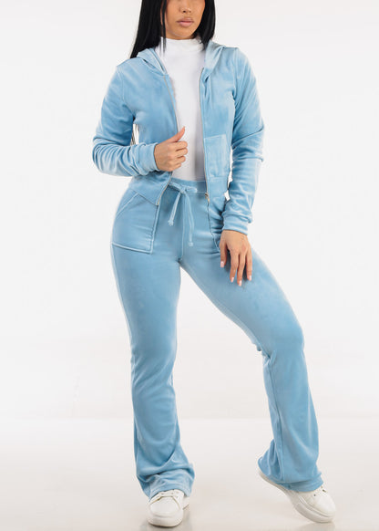 Long Sleeve Zip Up Velour Hoodie Light Blue