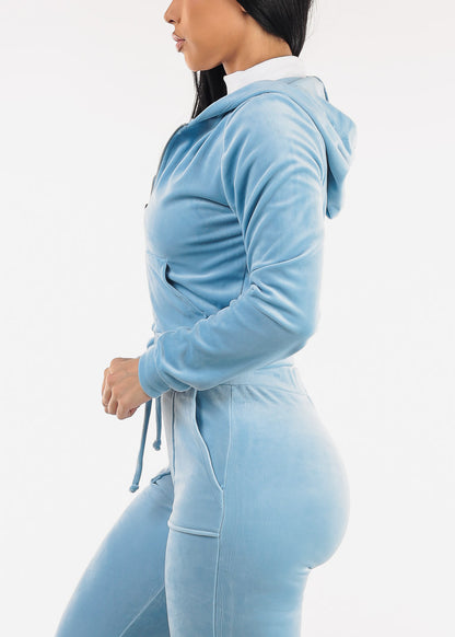 Long Sleeve Zip Up Velour Hoodie Light Blue
