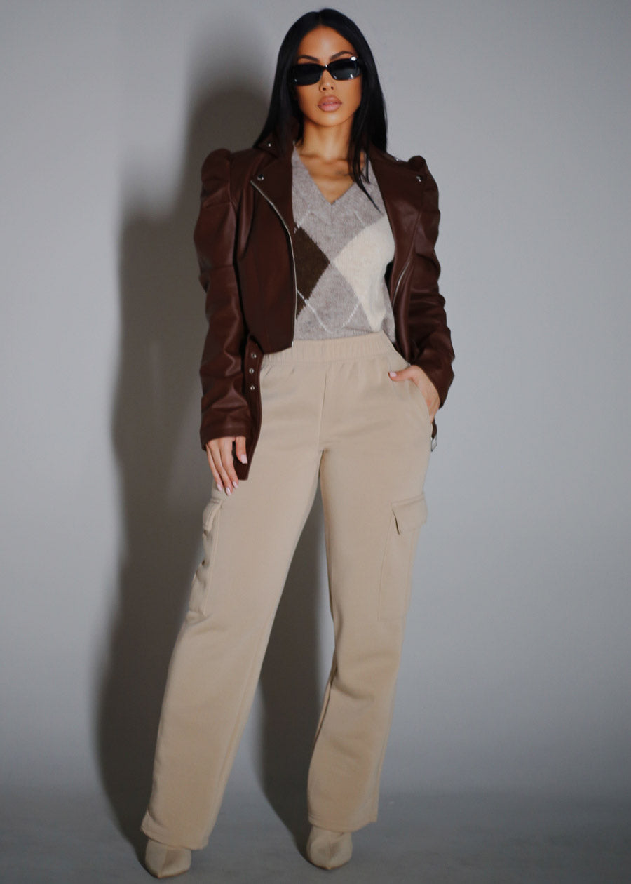 High Waist Relaxed Fit Utility Fleece Sweatpants Taupe