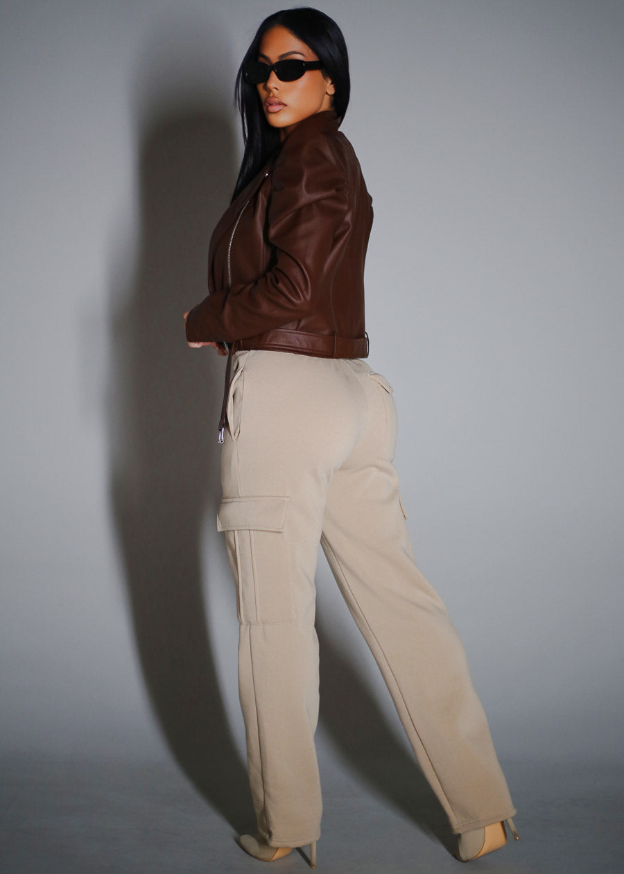 High Waist Relaxed Fit Utility Fleece Sweatpants Taupe