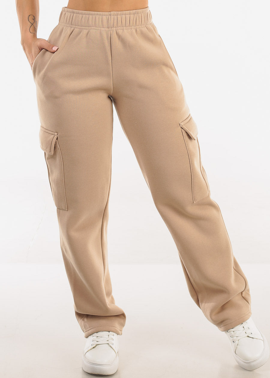High Waist Relaxed Fit Utility Fleece Sweatpants Taupe