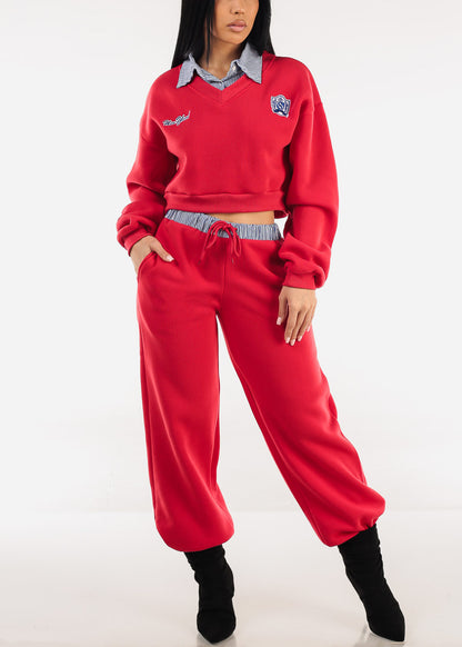 Cropped Fleece V-Neck Sweatshirt Red w Striped Collar