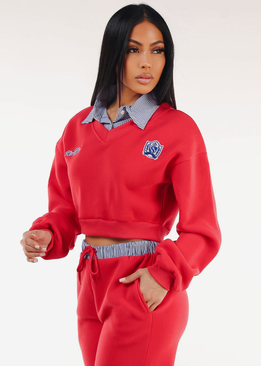 Cropped Fleece V-Neck Sweatshirt Red w Striped Collar