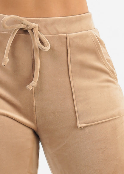 Velour High Waist Flared Pants Light Khaki