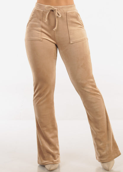 Velour High Waist Flared Pants Light Khaki