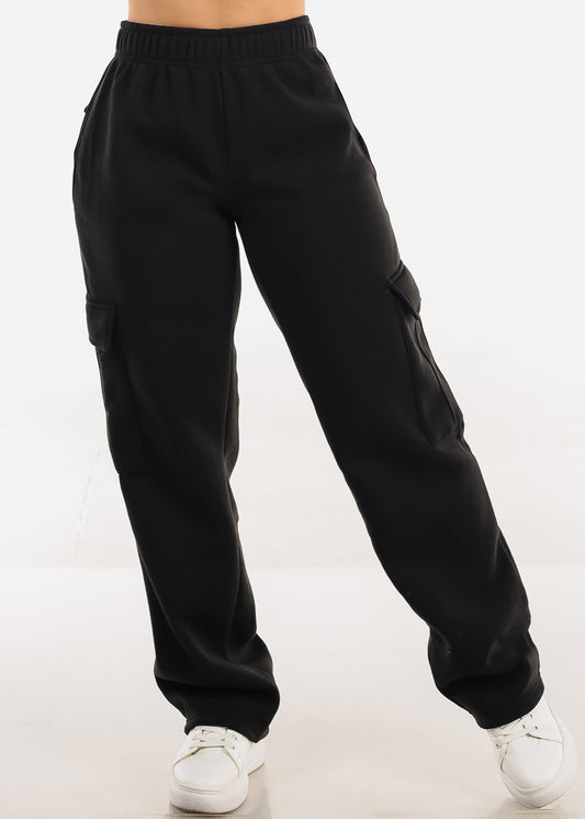 High Waist Relaxed Fit Utility Fleece Sweatpants Black