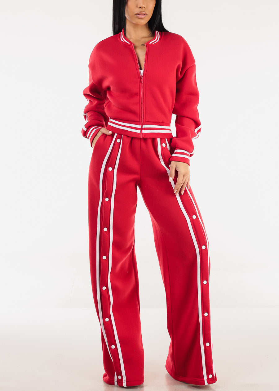 Long Sleeve Fleece Bomber Jacket Red