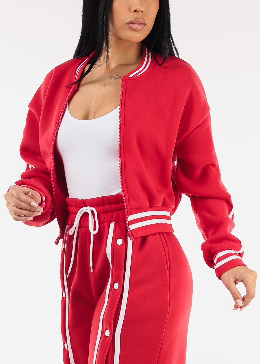 Long Sleeve Fleece Bomber Jacket Red