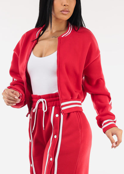 Long Sleeve Fleece Bomber Jacket Red