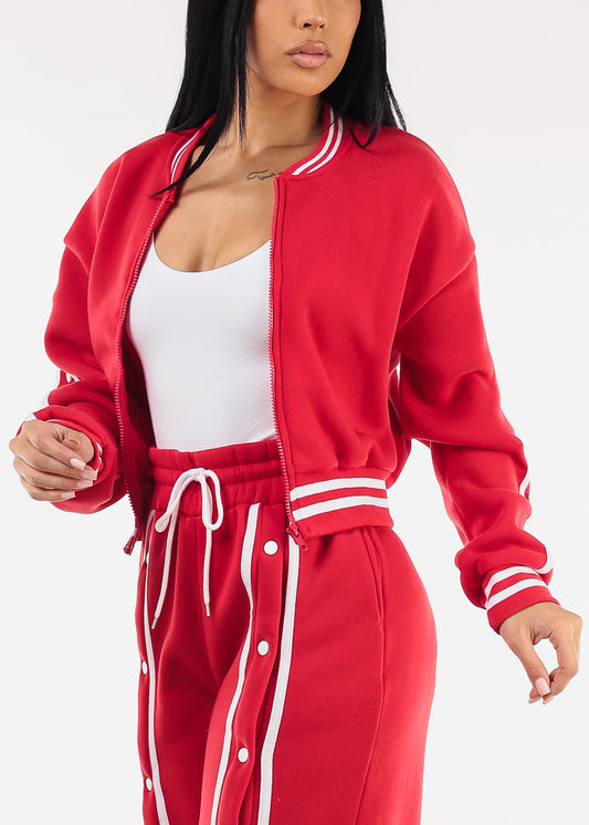 Long Sleeve Fleece Bomber Jacket Red