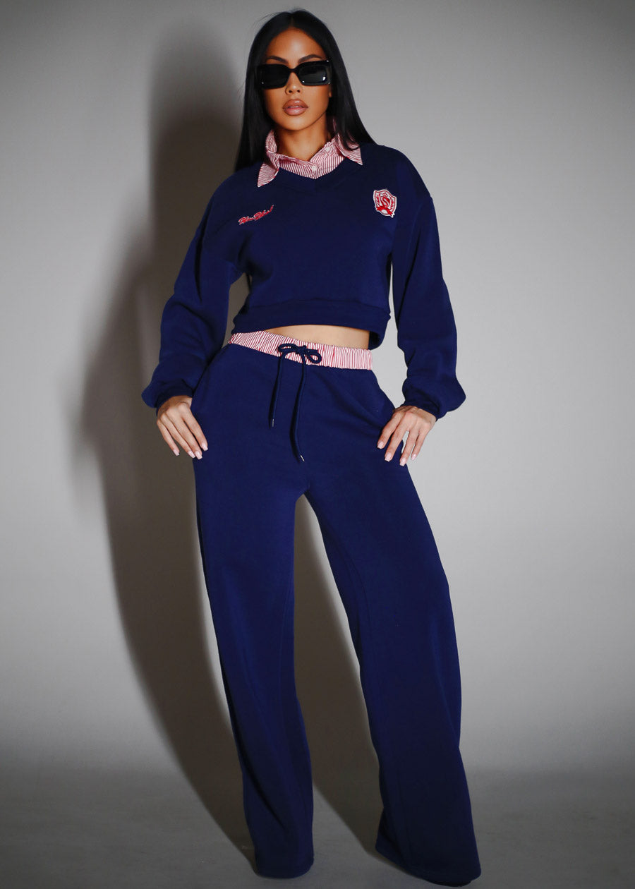 Cropped Fleece V-Neck Sweatshirt Navy w Striped Collar