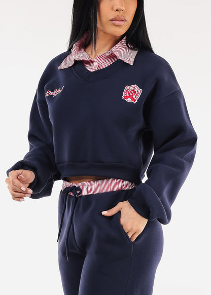 Cropped Fleece V-Neck Sweatshirt Navy w Striped Collar