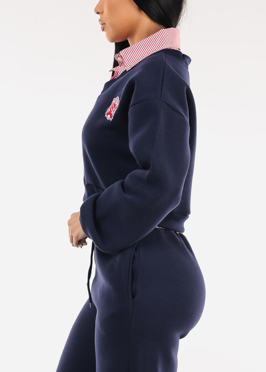 Cropped Fleece V-Neck Sweatshirt Navy w Striped Collar