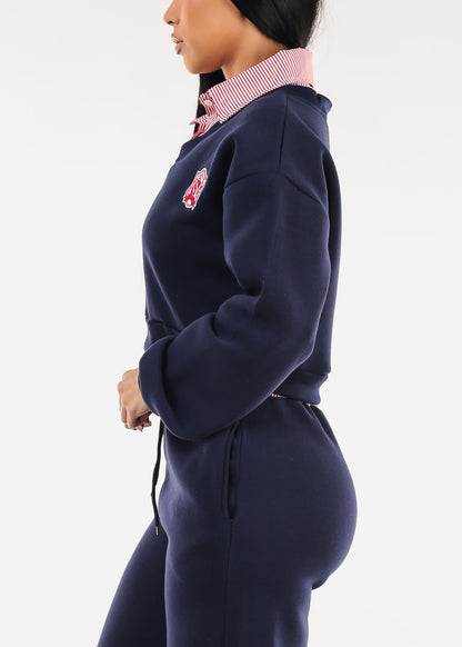 Cropped Fleece V-Neck Sweatshirt Navy w Striped Collar