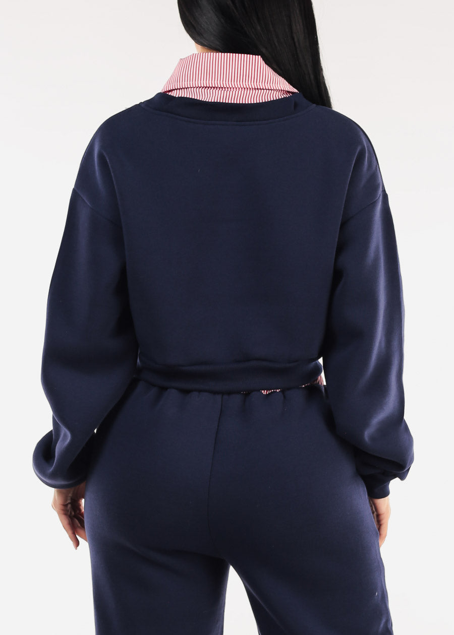 Cropped Fleece V-Neck Sweatshirt Navy w Striped Collar
