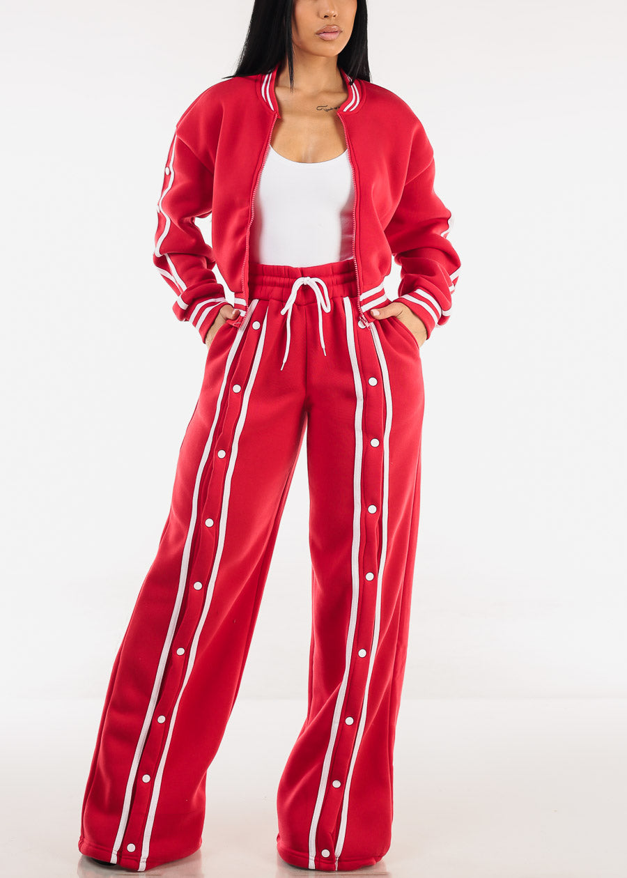 Drawstring Waist Wide Leg Fleece Sweatpants Red