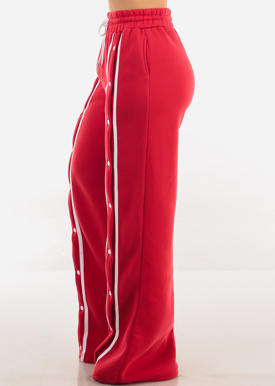 Drawstring Waist Wide Leg Fleece Sweatpants Red