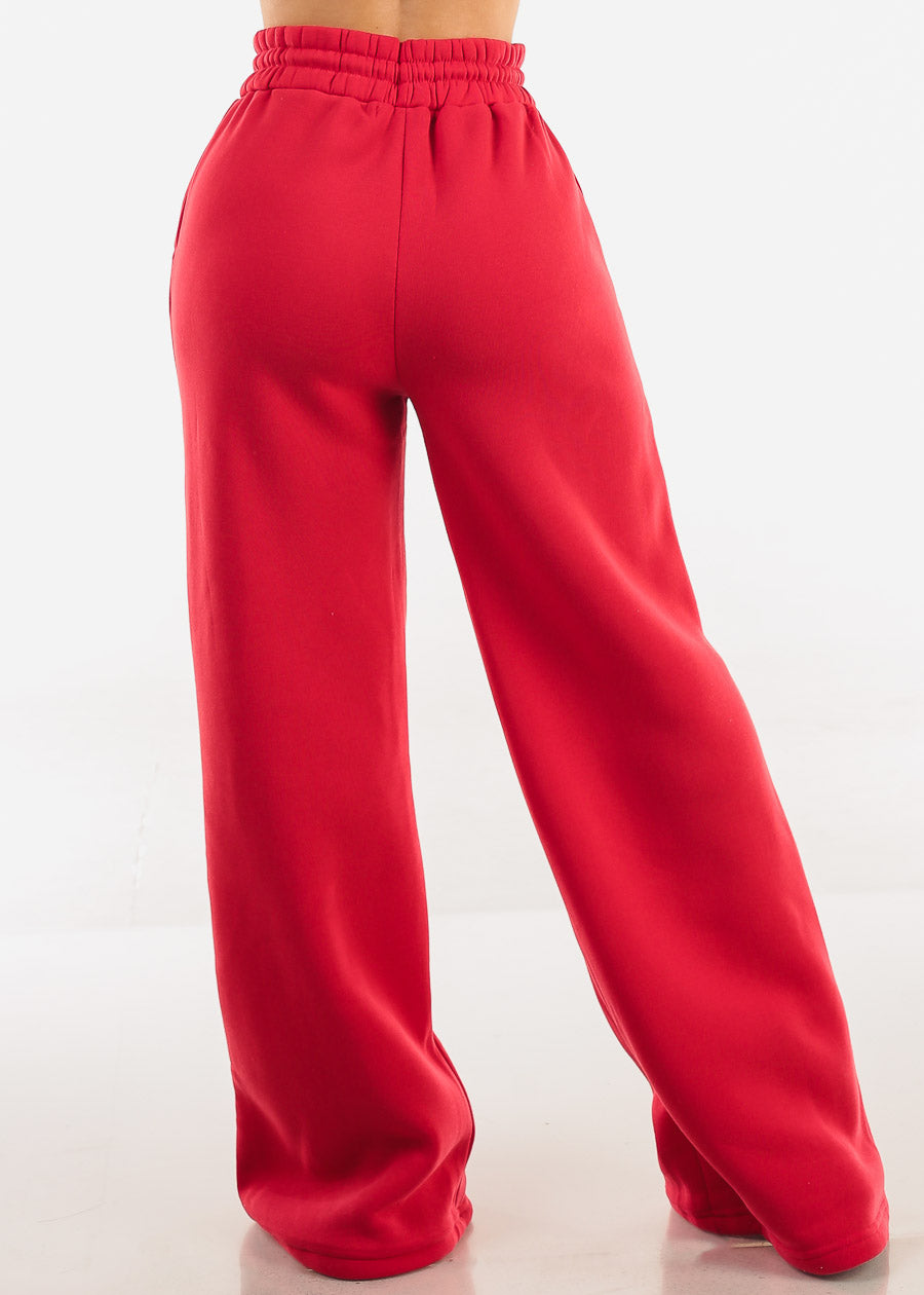Drawstring Waist Wide Leg Fleece Sweatpants Red