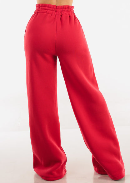 Drawstring Waist Wide Leg Fleece Sweatpants Red