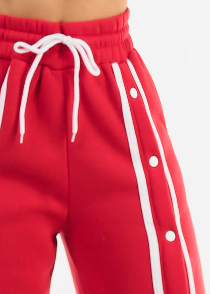 Drawstring Waist Wide Leg Fleece Sweatpants Red