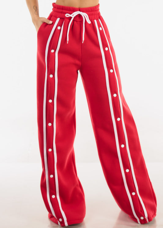 Drawstring Waist Wide Leg Fleece Sweatpants Red
