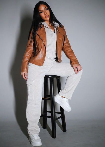 Cropped Fleece Zip Up Hoodie Heather Beige