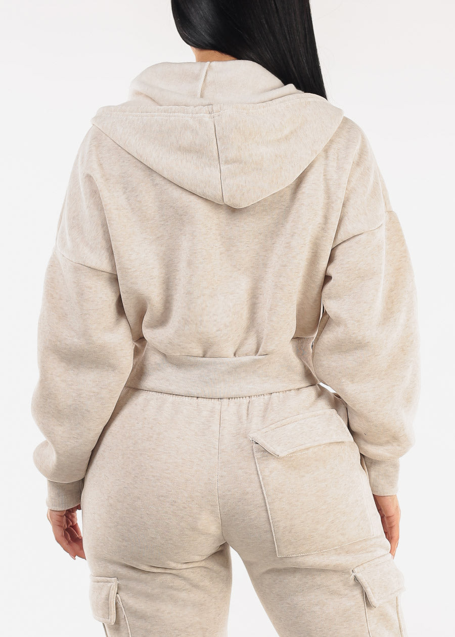 Cropped Fleece Zip Up Hoodie Heather Beige