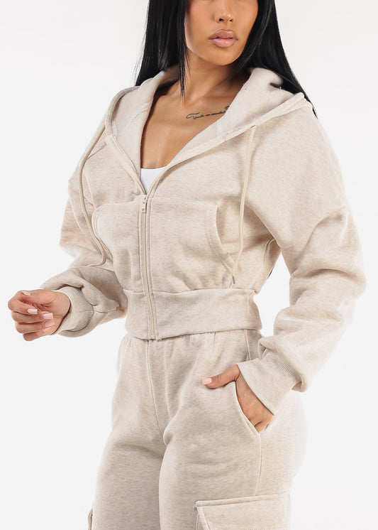 Cropped Fleece Zip Up Hoodie Heather Beige