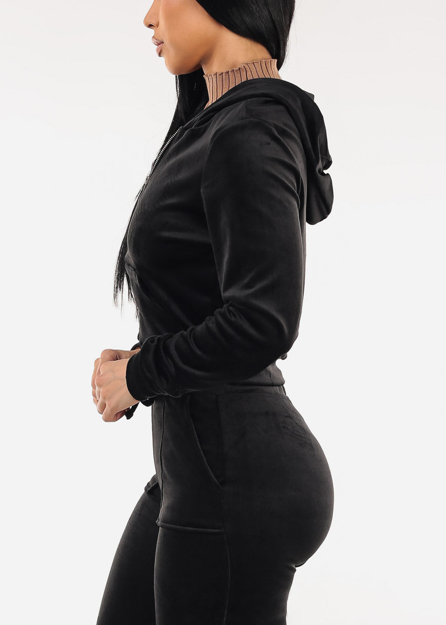 Black Long Sleeve Zip Up Velour Hoodie