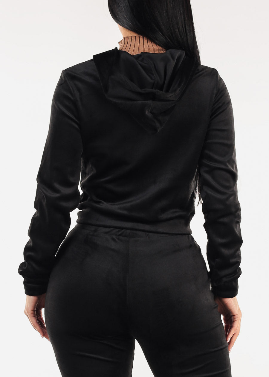 Black Long Sleeve Zip Up Velour Hoodie
