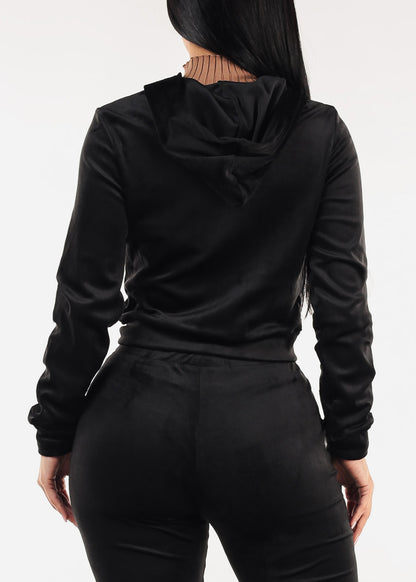 Black Long Sleeve Zip Up Velour Hoodie
