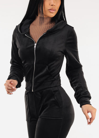 Black Long Sleeve Zip Up Velour Hoodie