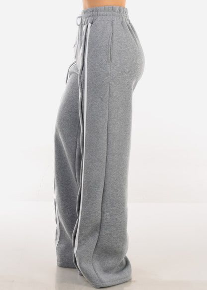 Drawstring Waist Wide Leg Fleece Sweatpants Grey