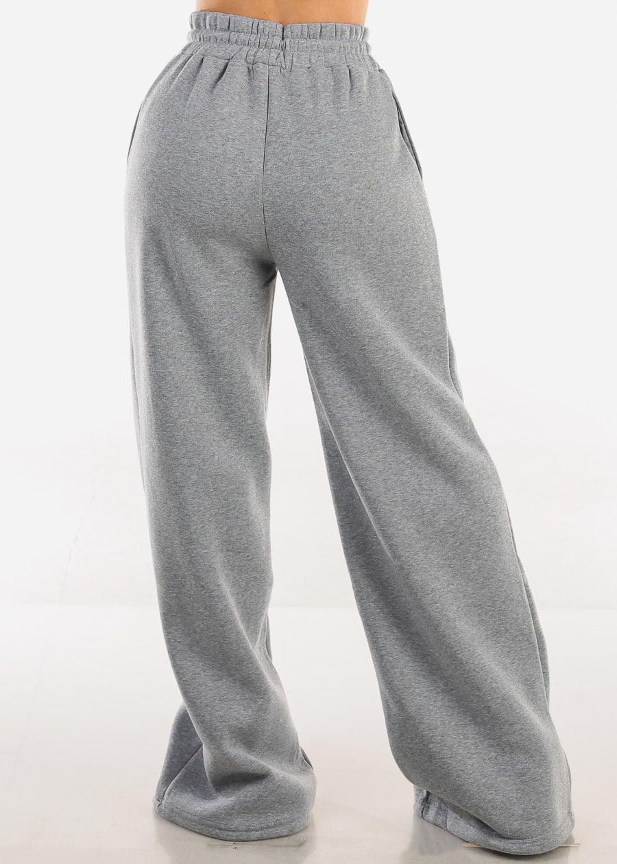 Drawstring Waist Wide Leg Fleece Sweatpants Grey