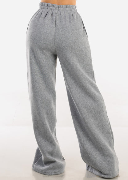 Drawstring Waist Wide Leg Fleece Sweatpants Grey
