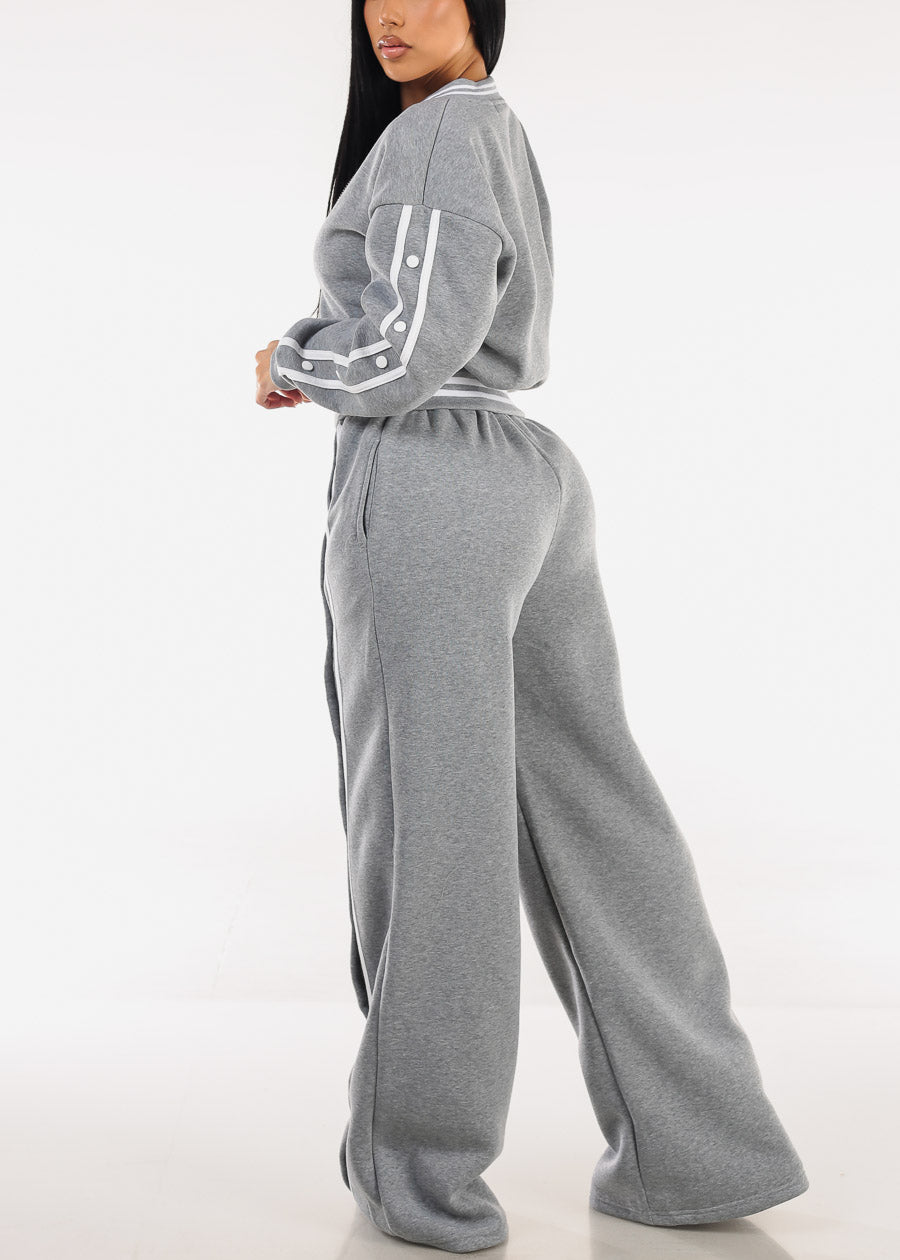 Drawstring Waist Wide Leg Fleece Sweatpants Grey