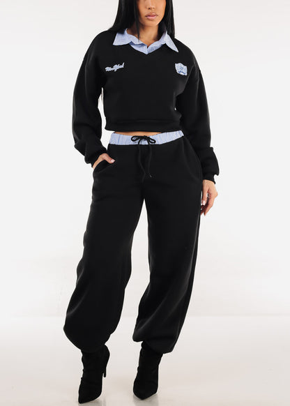 High Waist Wide Leg Fleece Sweatpants Black w Striped Waist