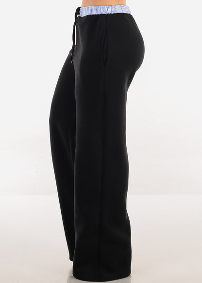 High Waist Wide Leg Fleece Sweatpants Black w Striped Waist