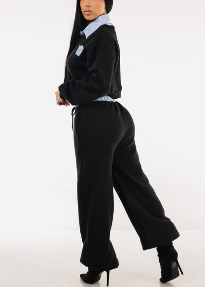 High Waist Wide Leg Fleece Sweatpants Black w Striped Waist