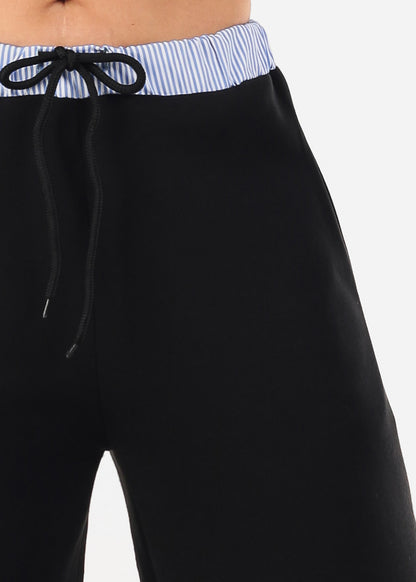 High Waist Wide Leg Fleece Sweatpants Black w Striped Waist