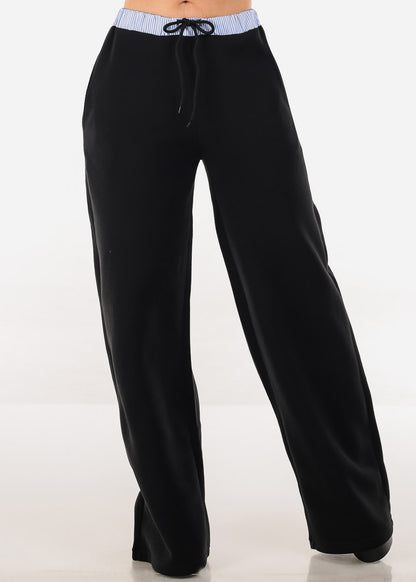 High Waist Wide Leg Fleece Sweatpants Black w Striped Waist