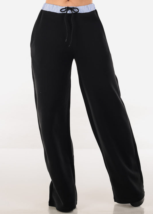 High Waist Wide Leg Fleece Sweatpants Black w Striped Waist