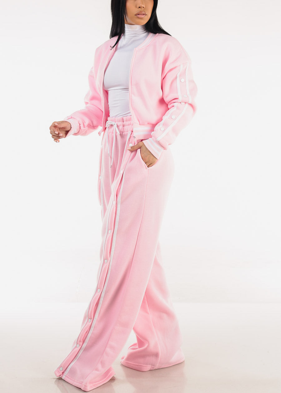 Long Sleeve Fleece Bomber Jacket Light Pink