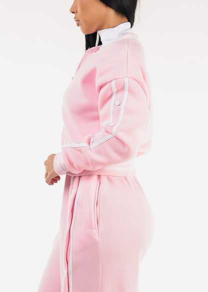 Long Sleeve Fleece Bomber Jacket Light Pink