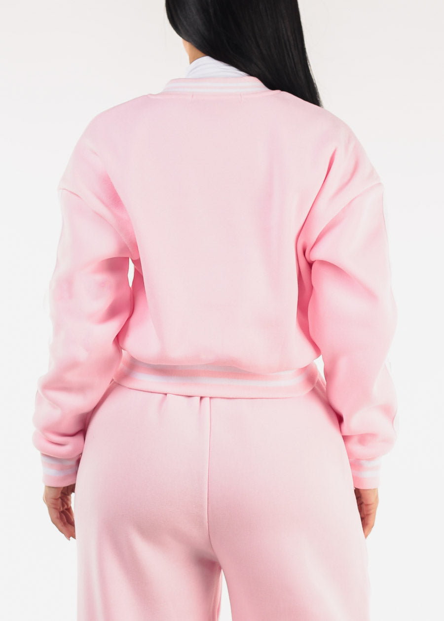 Long Sleeve Fleece Bomber Jacket Light Pink
