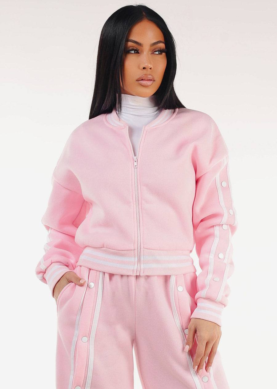 Long Sleeve Fleece Bomber Jacket Light Pink