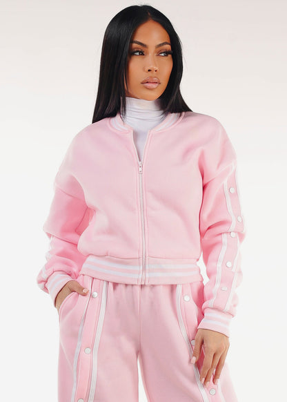 Long Sleeve Fleece Bomber Jacket Light Pink