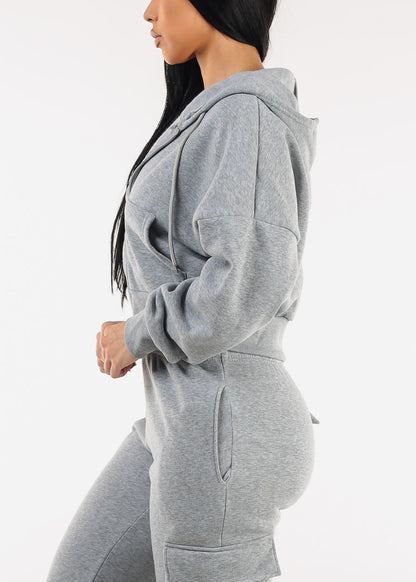 Cropped Fleece Zip Up Hoodie Grey